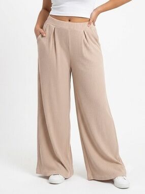 Wide Leg Ribbed Pants in Beige